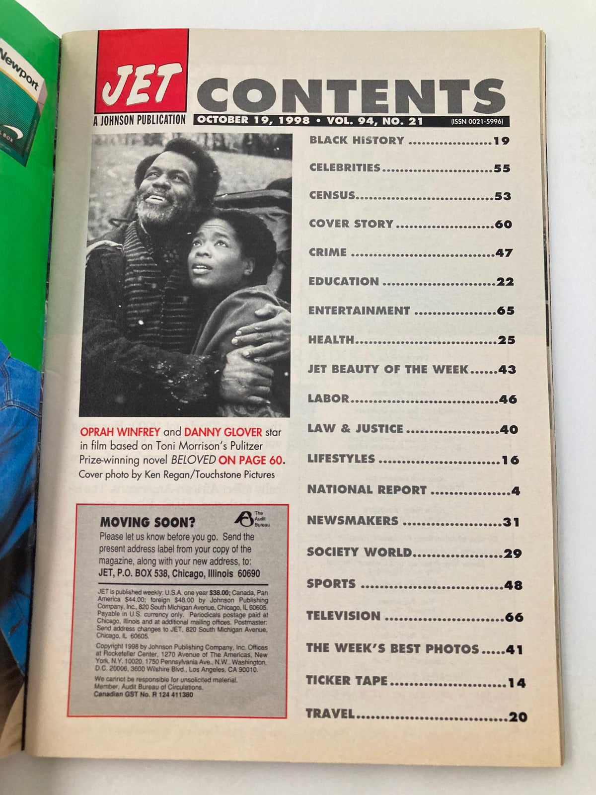 Contents page of Jet Magazine October 19, 1998 Vol 94 #12, featuring a promotional piece on Oprah Winfrey and Danny Glover's starring roles, with details on various sections including Black History and Celebrities.