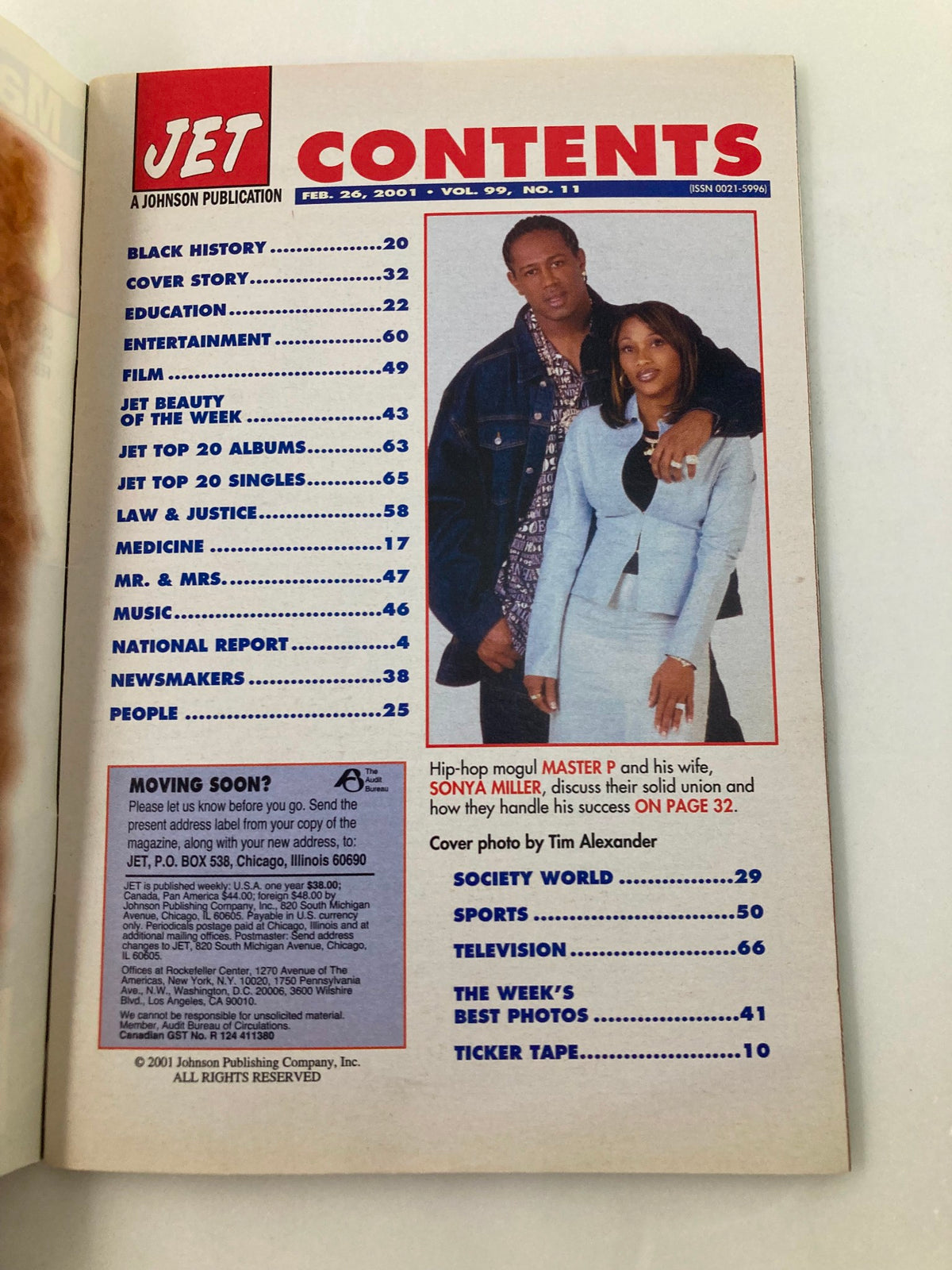 Contents page of Jet Magazine February 26 2001 Vol 99 featuring Master P and Sonya Miller with highlights on black history, education, and entertainment.
