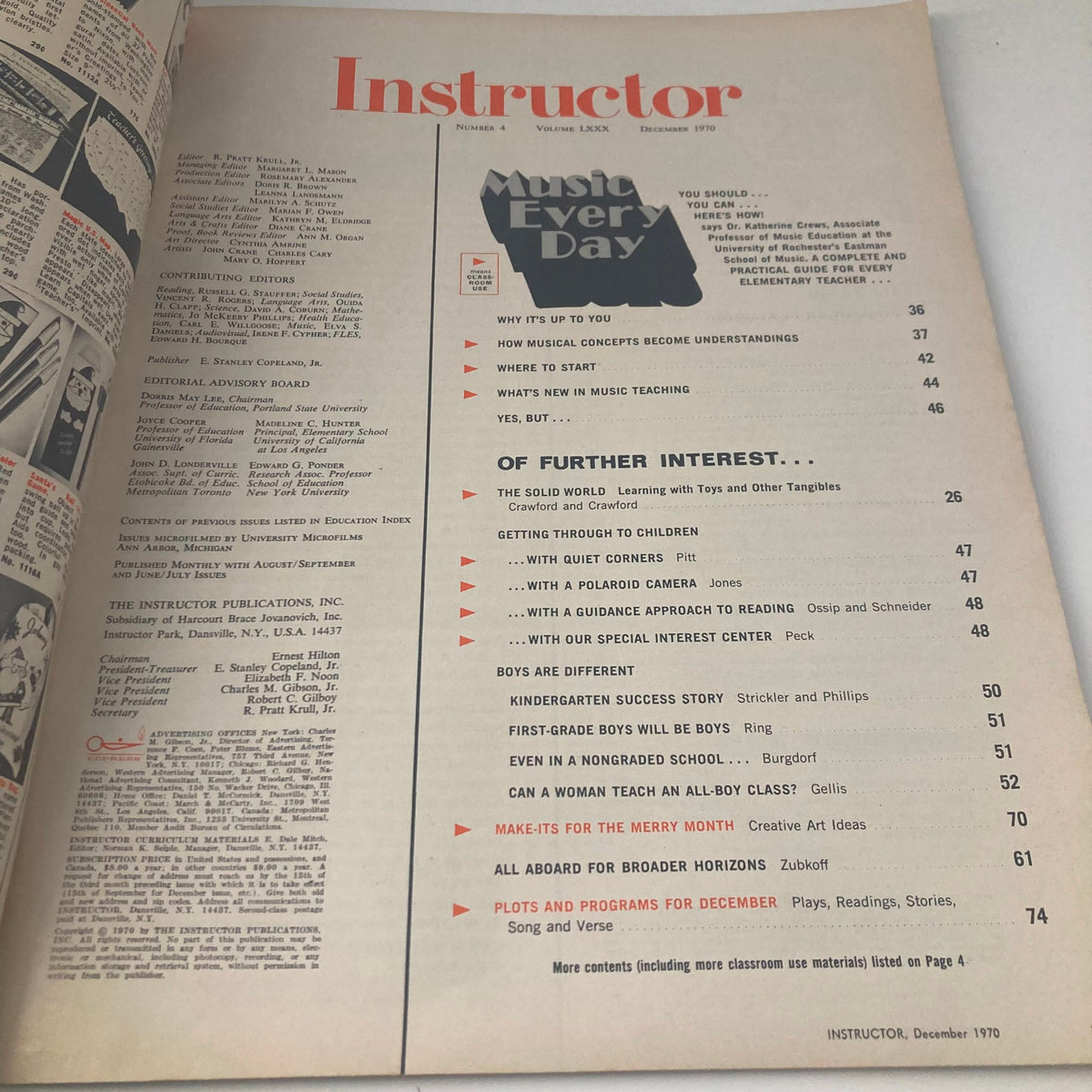 Inside page of VTG Instructor Magazine December 1970 displaying the table of contents, highlighting articles related to music education and teaching methods from the 1970s.