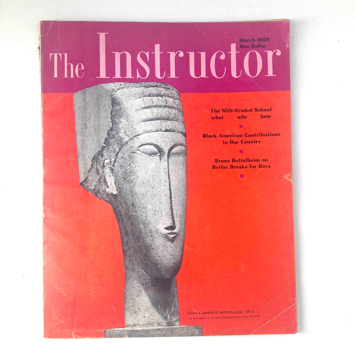 Cover of VTG The Instructor Magazine, March 1969, featuring an artwork titled 'Head' by Amedeo Modigliani, characterized by vibrant colors and bold design.