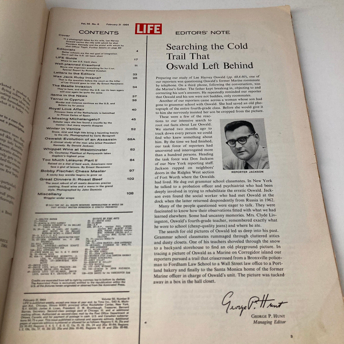 Inside page of VTG Life Magazine February 21 1964 displaying the contents and editor's note, focusing on the investigation of Lee Harvey Oswald.