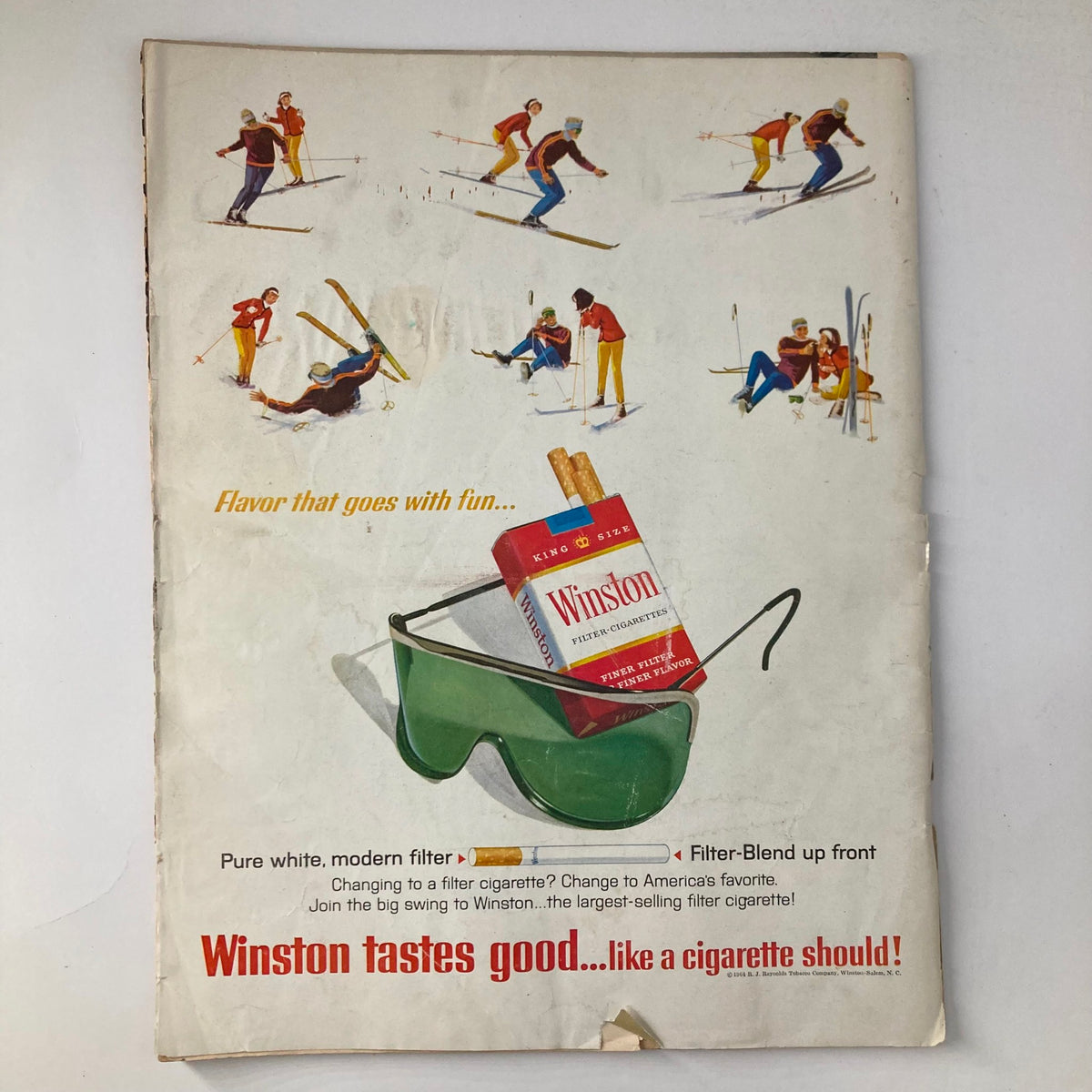 Back cover of VTG Life Magazine February 21 1964 featuring an advertisement for Winston cigarettes with winter sports imagery.