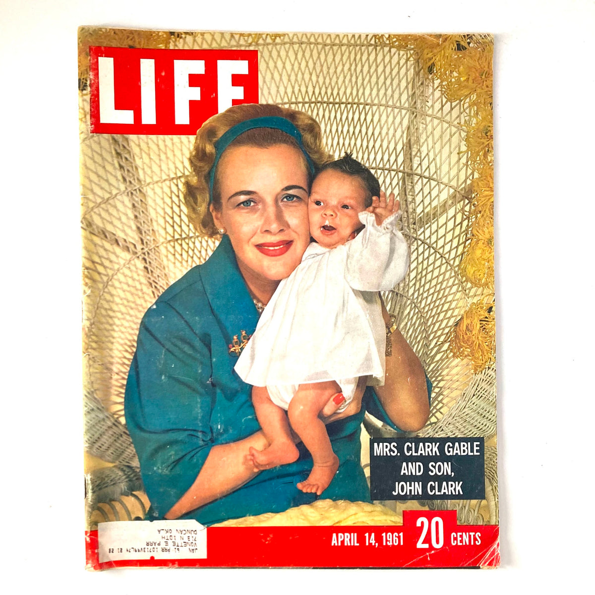 VTG Life Magazine April 14 1961 Vol 50 #15 featuring Kay Williams Gable with her son, John Clark Gable on the cover. A vintage piece showcasing classic Hollywood family moments.