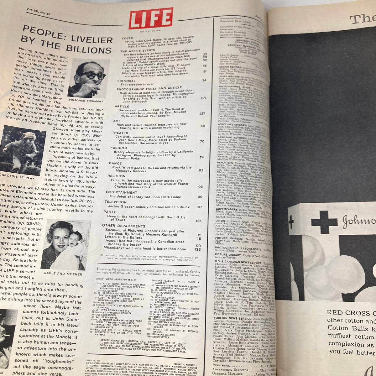 Interior page of VTG Life Magazine April 14 1961 Vol 50 #15, showing articles and photographs celebrating popular culture of the early 60s.