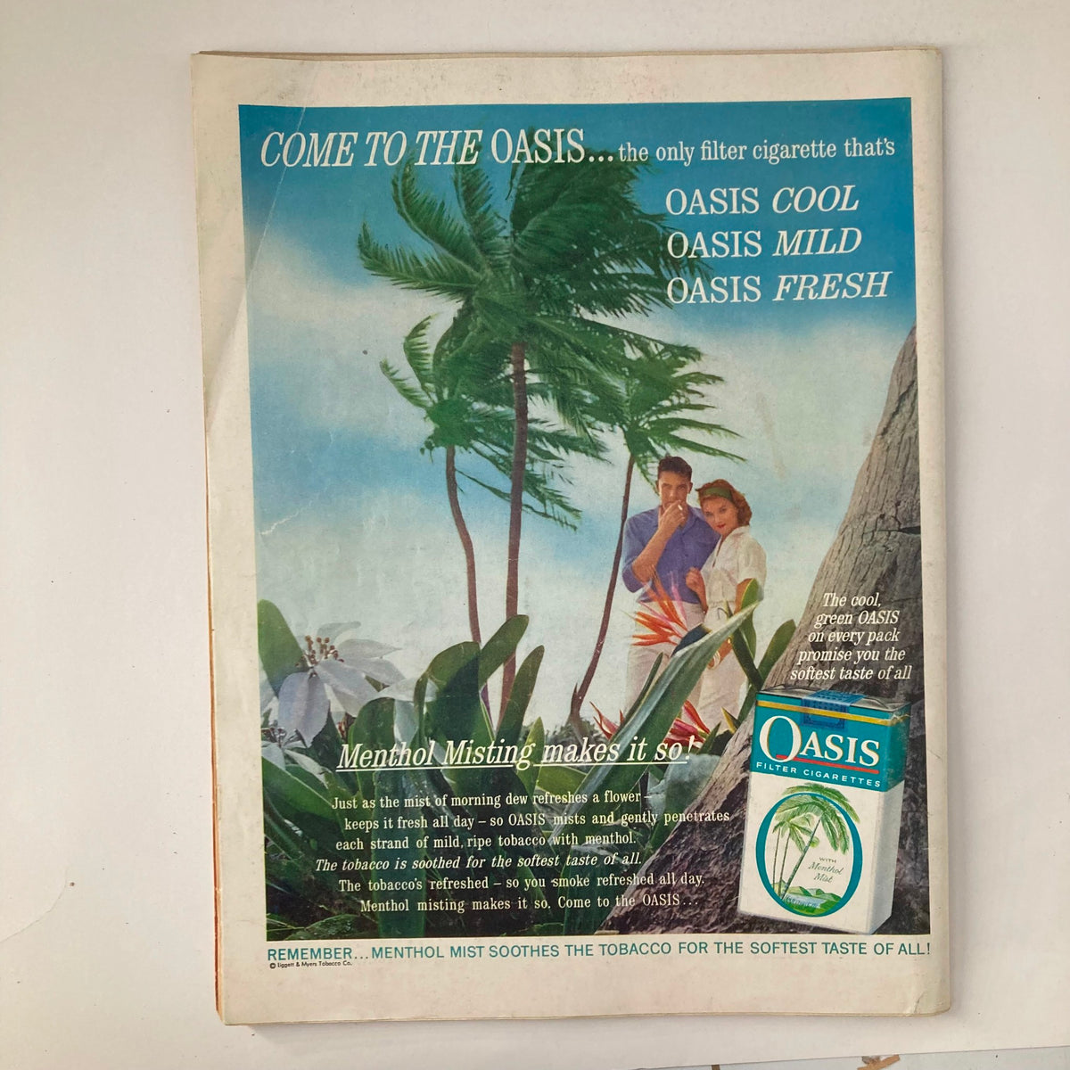 Back cover of VTG Life Magazine April 14 1961 Vol 50 #15 featuring an advertisement for Oasis filter cigarettes. A nostalgic look at vintage advertising from the 1960s.