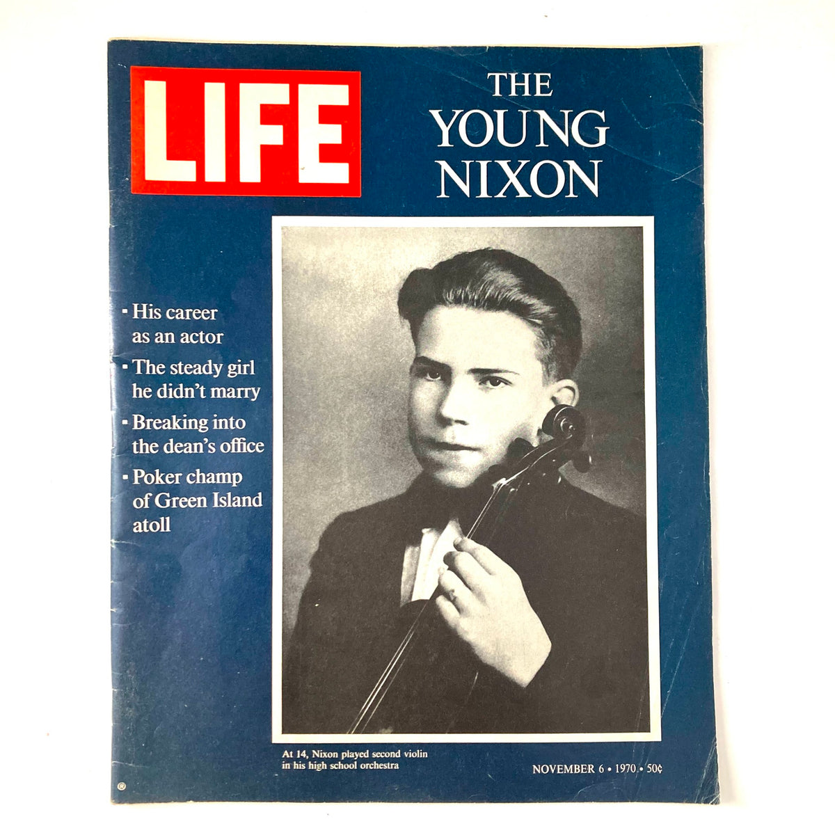 Cover of VTG Life Magazine November 6 1970 featuring a young Richard Nixon, showcasing headlines about his early life and intrigues, including 'His career as an actor' and 'Poker champ of Green Island atoll'.