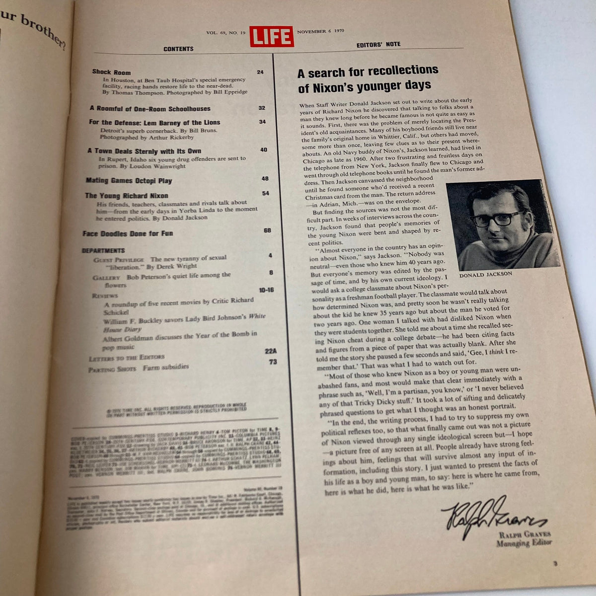 Inside page of VTG Life Magazine November 6 1970 displaying the table of contents, highlighting articles including 'The Young Richard Nixon' and contributions from Donald Jackson.