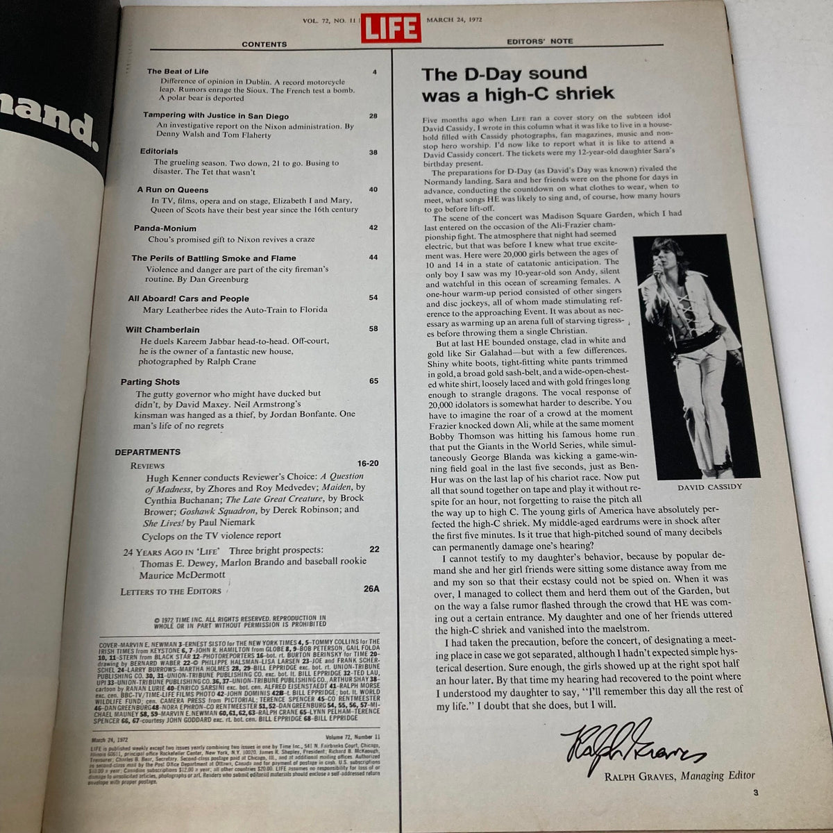 Inside page of VTG Life Magazine March 24 1972 showing the table of contents and editorial note.