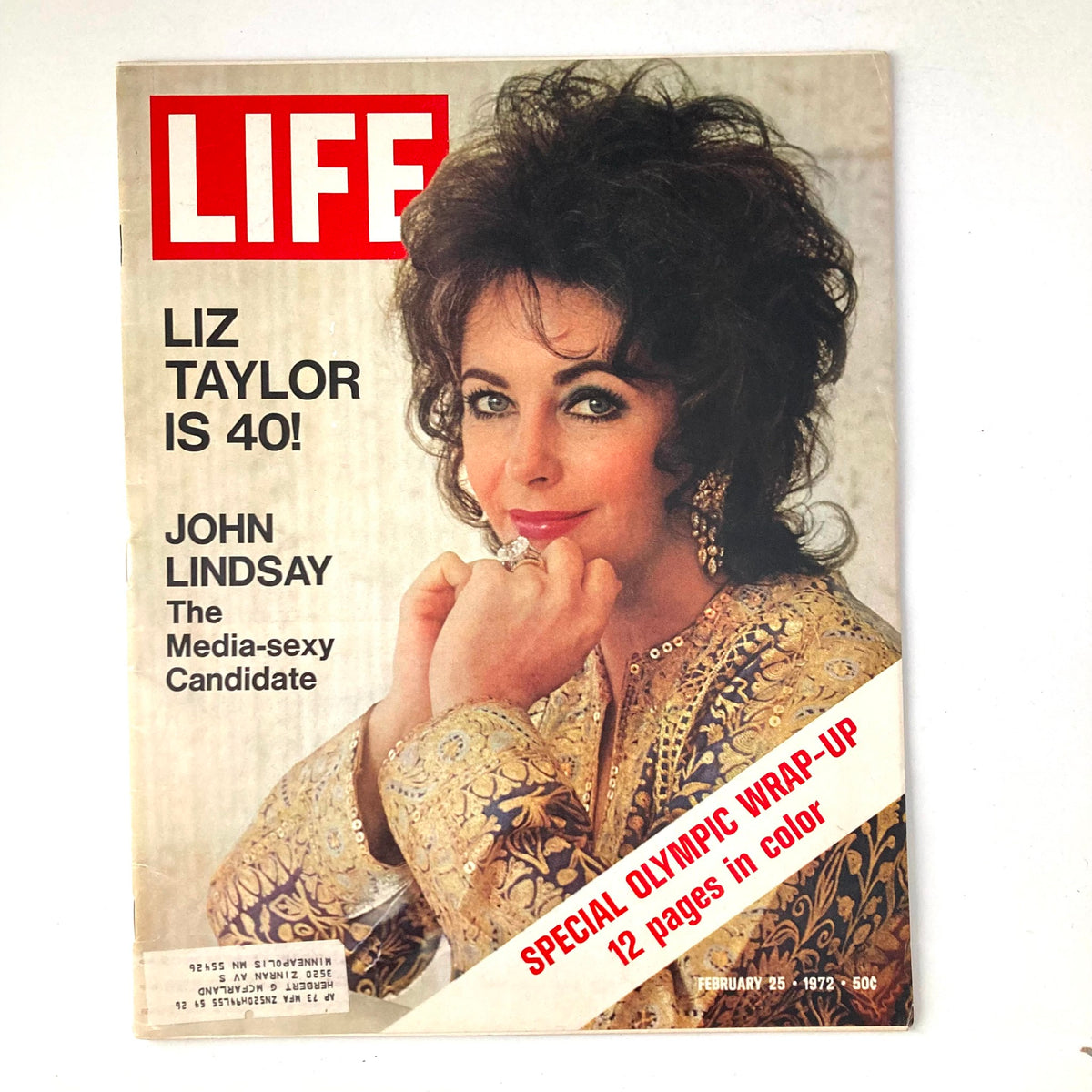 Cover of VTG Life Magazine February 25, 1972 featuring Elizabeth Taylor and John Lindsay with a special Olympic wrap-up theme.