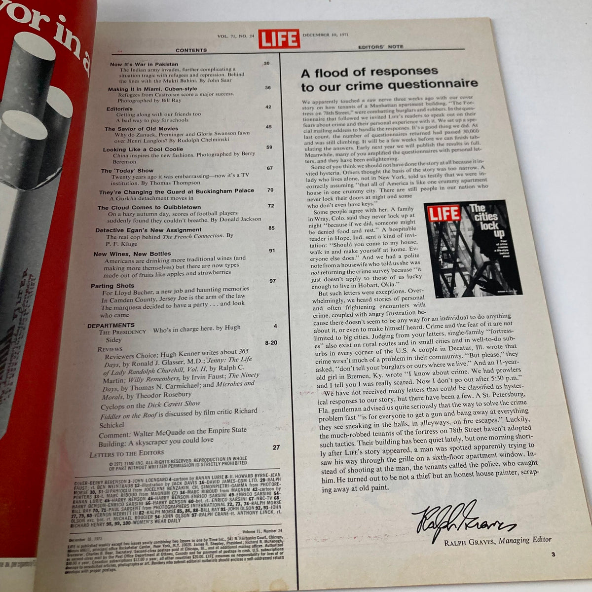 Inside page of VTG Life Magazine December 10 1971, showcasing the contents page with features on the 1971 air crisis and various articles reflecting the cultural climate of the time.