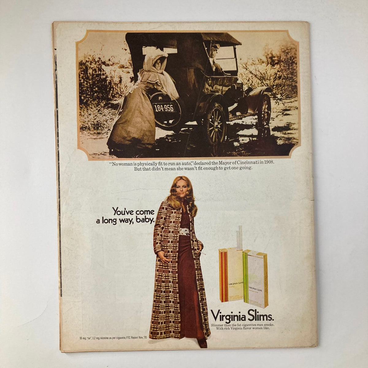 Back cover of VTG Life Magazine June 4, 1971, featuring a vintage advertisement for Virginia Slims cigarettes and historical imagery of women and early automobiles.