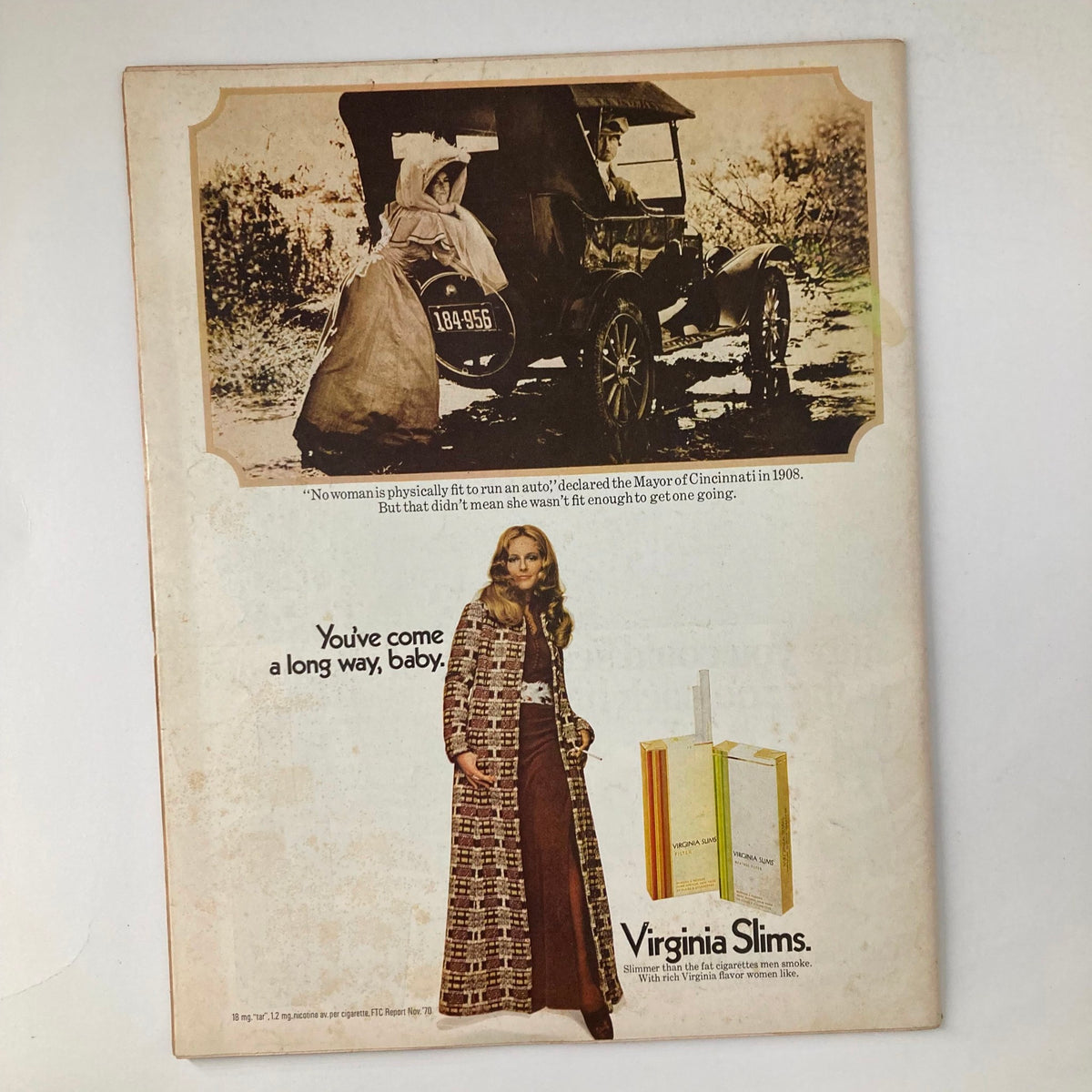 Back cover of VTG Life Magazine June 4, 1971, with a vintage advertisement for Virginia Slims cigarettes, featuring a model in a stylish outfit and a nostalgic photograph of a horse-drawn carriage.