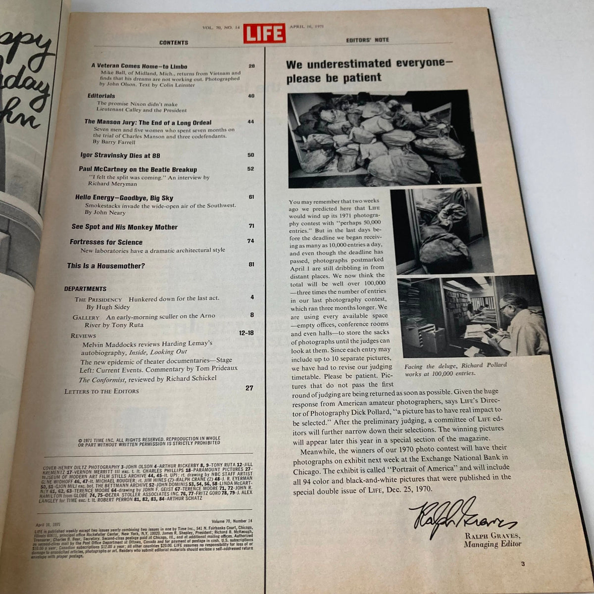 VTG Life Magazine April 16 1971 Vol 70 No. 14 table of contents, highlighting articles including Paul McCartney on the Beatles breakup.