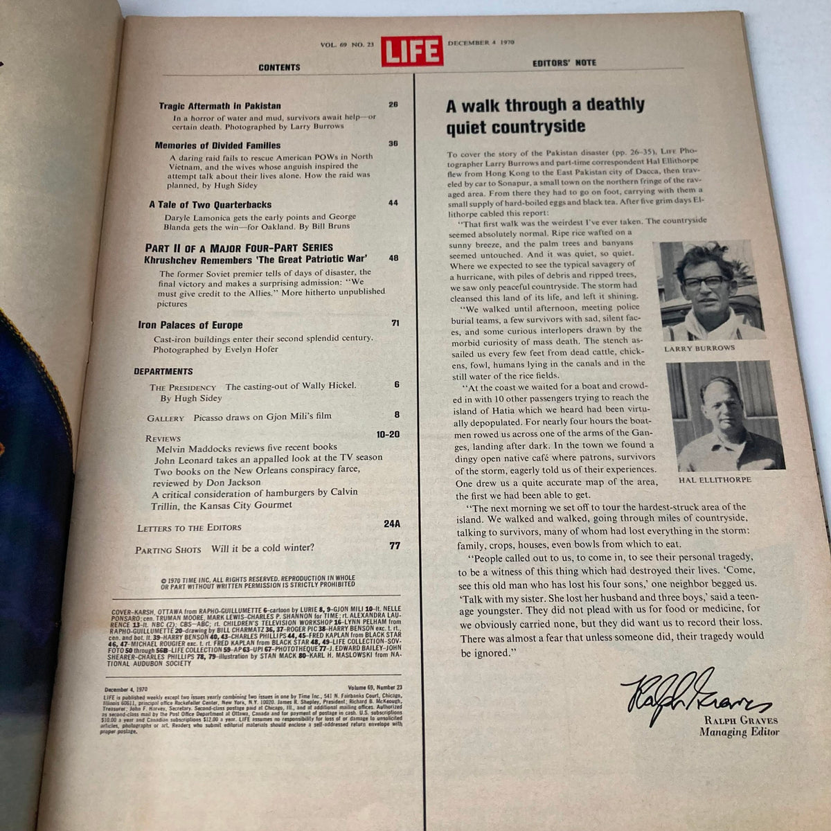 Contents page of VTG Life Magazine December 4 1970, Vol 69 No. 23, detailing articles including 'Khrushchev Remembers: The Great Patriotic War'.