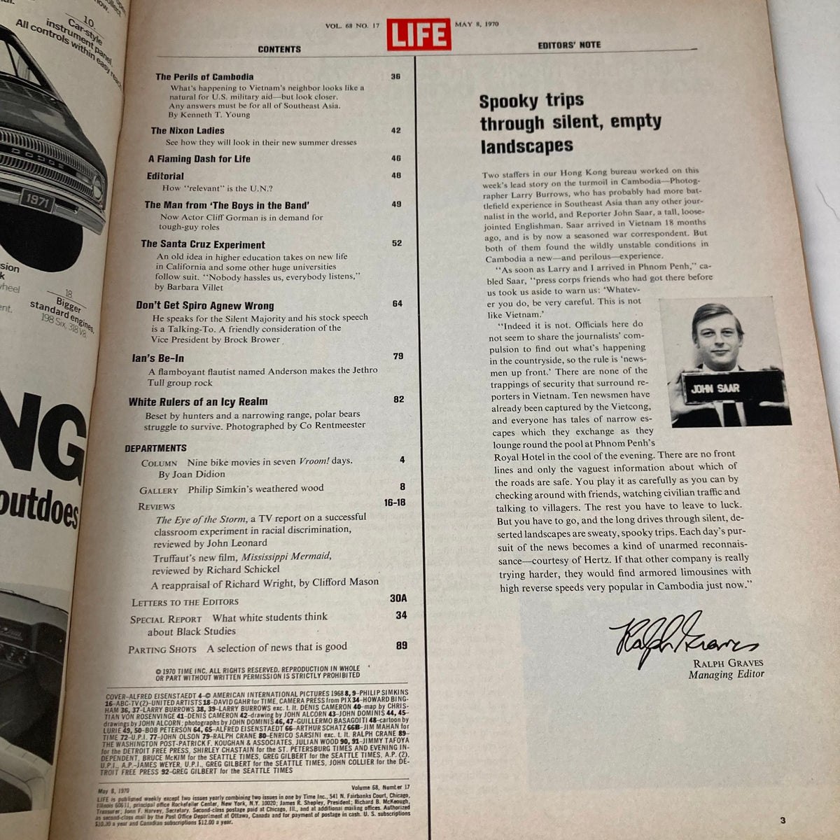 Contents page of VTG Life Magazine May 8 1970 Vol 68 No. 17 listing articles such as 'The Perils of Cambodia' and 'Don't Get Spiro Agnew Wrong' with editorial notes.