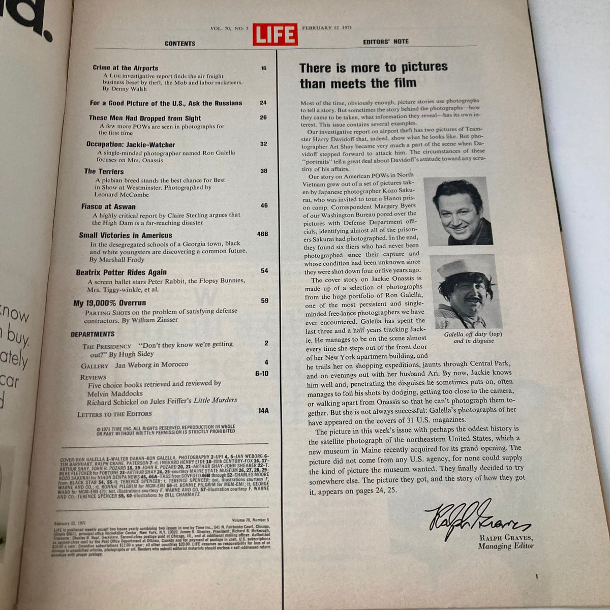 Contents page of VTG Life Magazine February 12 1971 featuring Jackie Kennedy Onassis, highlighting articles and editor's note.
