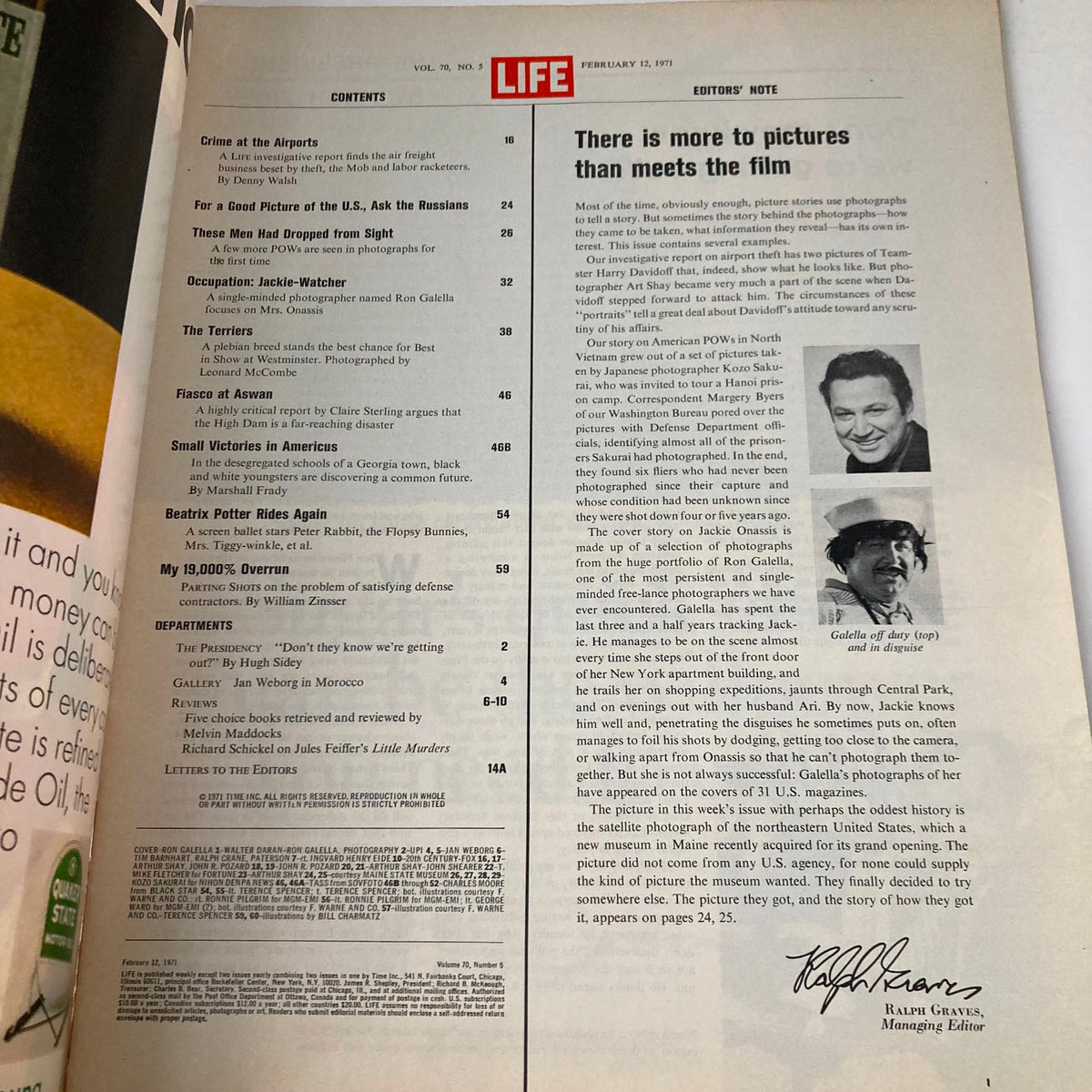 Contents page of the VTG Life Magazine February 12 1971 Vol 70 No. 5 featuring articles related to Jackie Onassis and other cultural topics of the early '70s, highlighting the magazine's editorial direction.