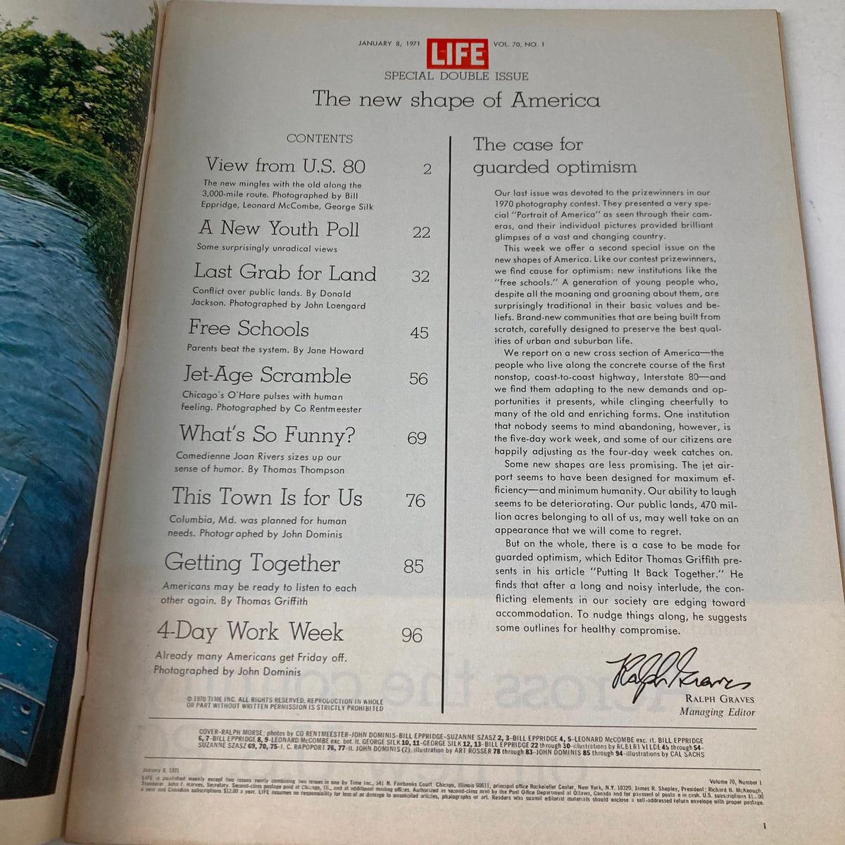 Inside page of VTG Life Magazine January 8 1971 Vol 70 No. 1 displaying the contents list, highlighting articles on the Four-Day Work Week and societal themes of the era.