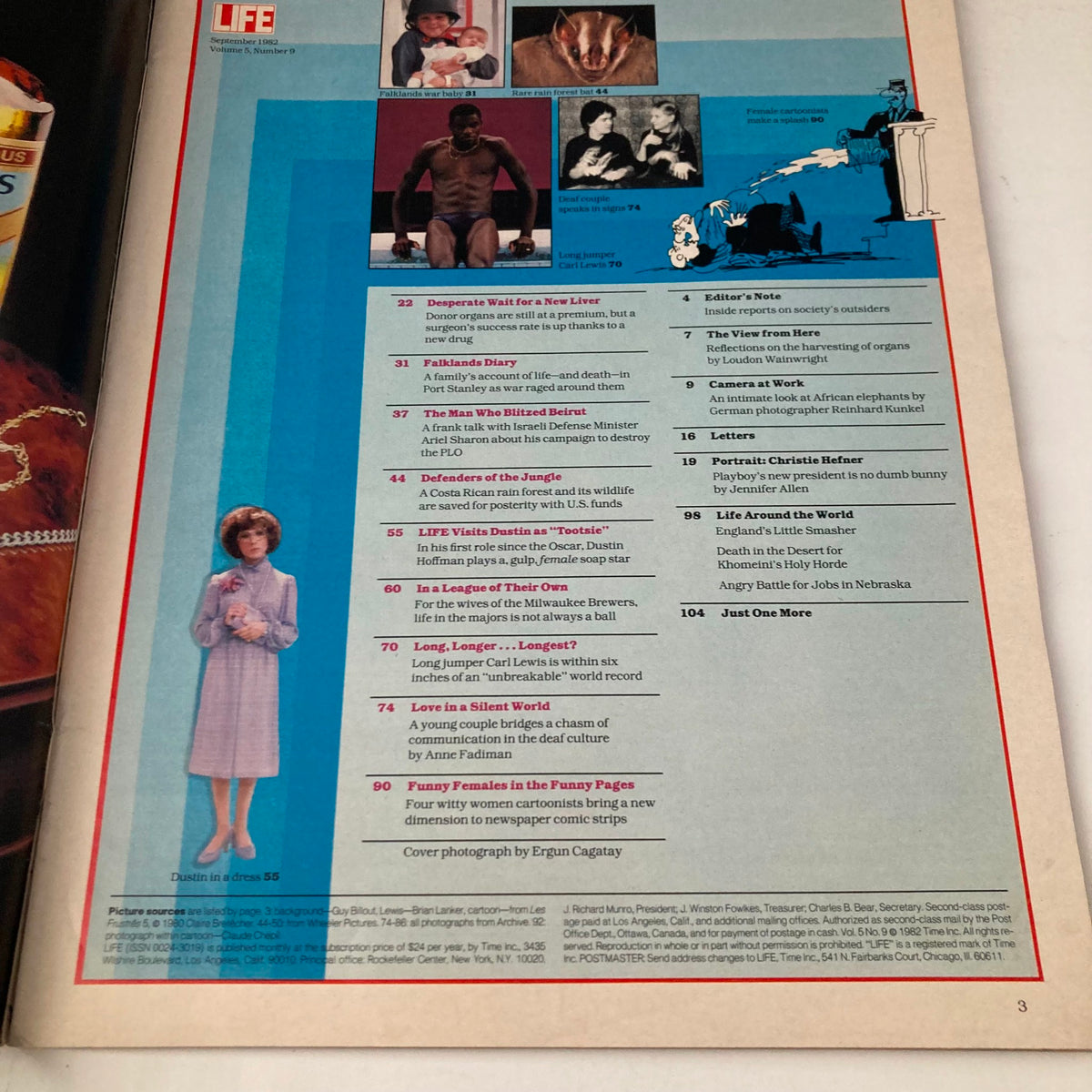 Page from VTG Life Magazine September 1982 featuring the table of contents and highlights including liver transplants and significant articles from that issue.