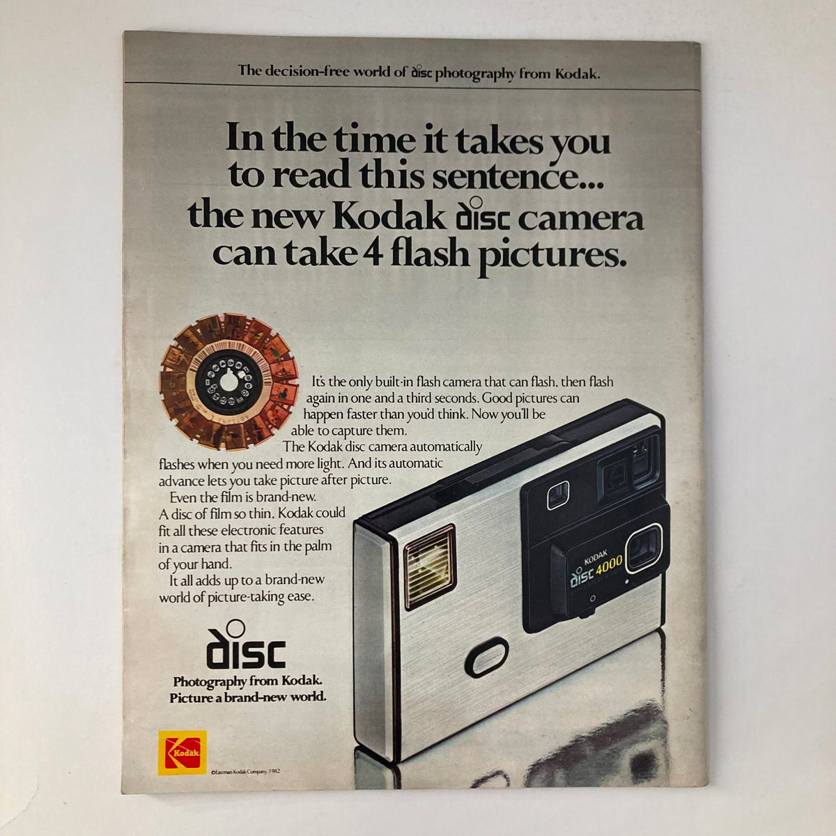 Advertisement for Kodak disc camera in VTG Life Magazine September 1982, showcasing features of the camera and emphasizing quick photography capabilities.