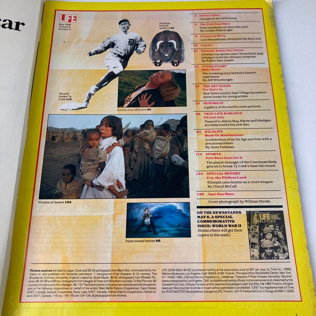 VTG Life Magazine May 1985 Vol 8 #5 featuring articles on patient treatment and surgeon William DeVries, including images of famine victims and human experiences, highlighted in a colorful layout.