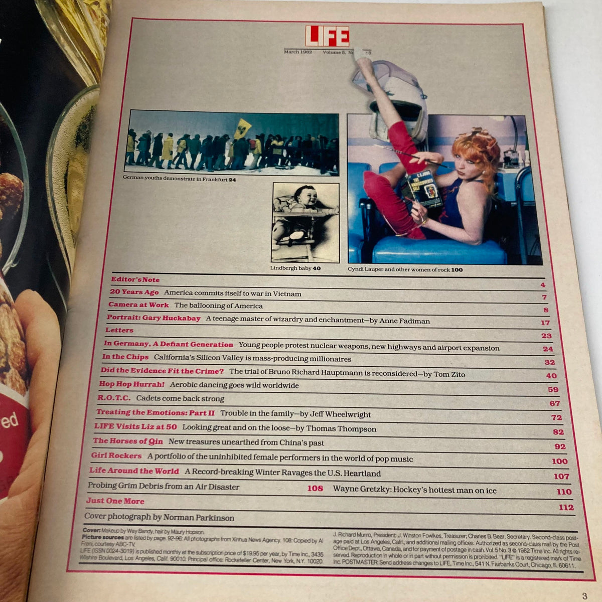 Inside page of VTG Life Magazine March 1982, showcasing table of contents with iconic articles, including 'LIFE Visits Liz at 50' and a feature on Cyndi Lauper.