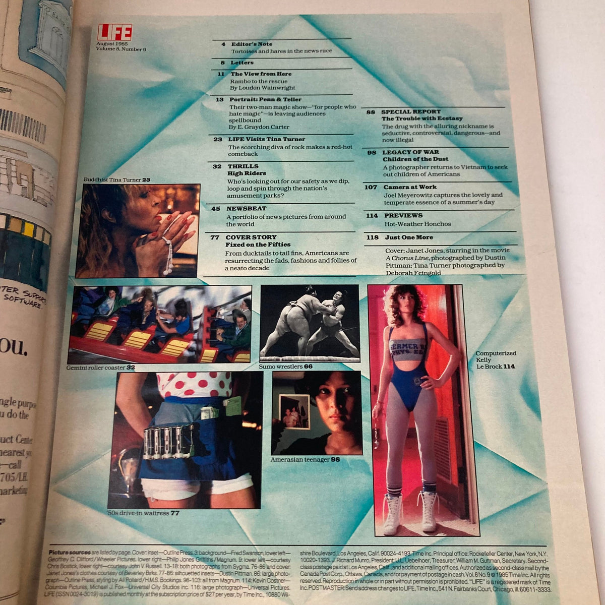 Inside page of VTG Life Magazine August 1985, illustrating the contents including features on Tina Turner and a cover story on the Fifties.
