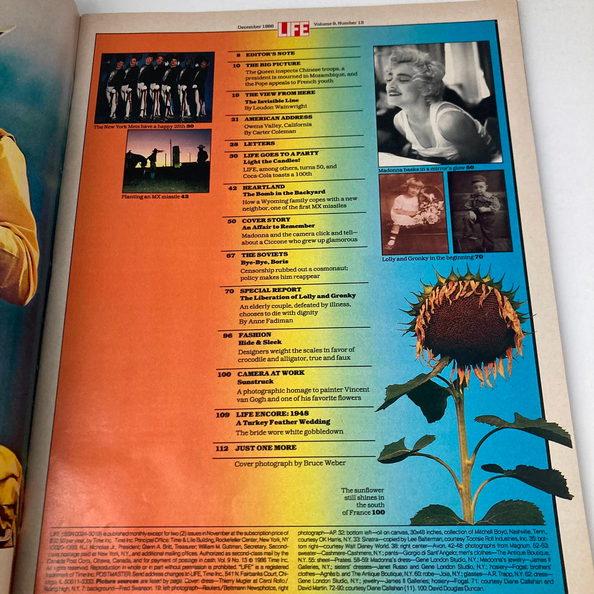 Page from December 1986 issue of Life Magazine featuring articles and photographs including Madonna; title: VTG Life Magazine December 1986 Vol 9 No. 13 Madonna and The Camera.