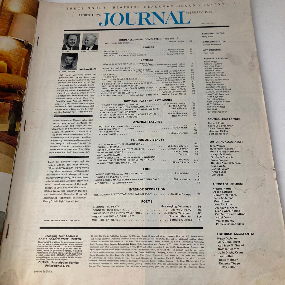 Interior page of Ladies' Home Journal Magazine February 1962 featuring articles, stories, and features related to the Young Southern Bride theme.