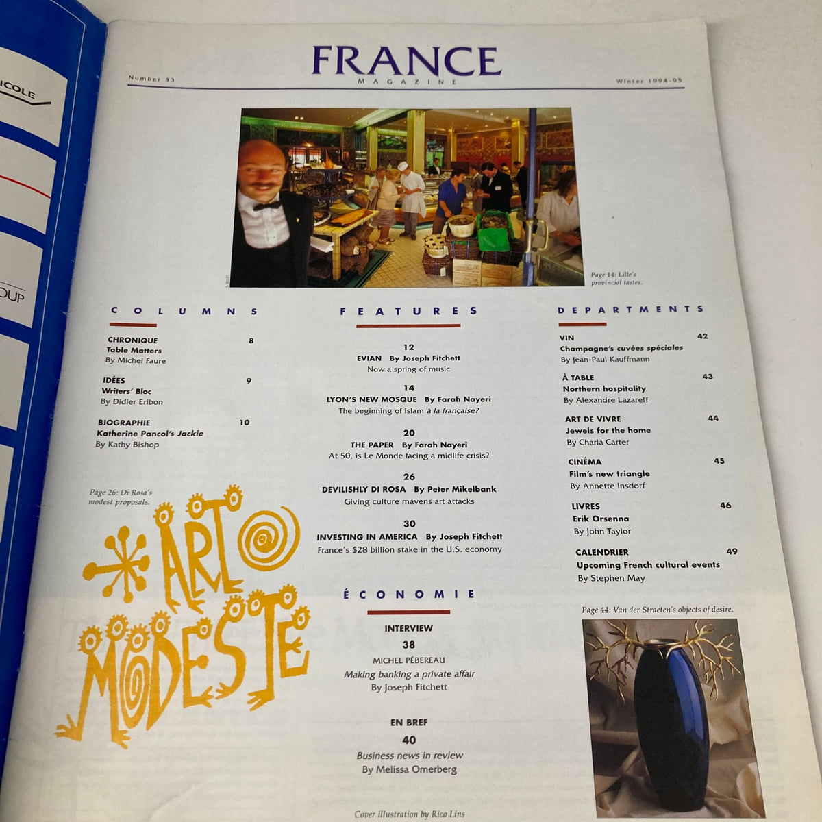 Table of contents page for France Magazine Winter 1994 No. 33, highlighting various features including 'Investing in America' article and other cultural topics.