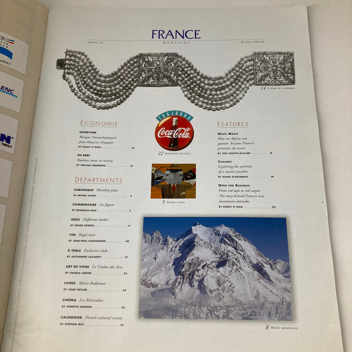 Inside page of France Magazine Winter 1995 No. 37 featuring the table of contents, including various articles and features related to French culture and economy.