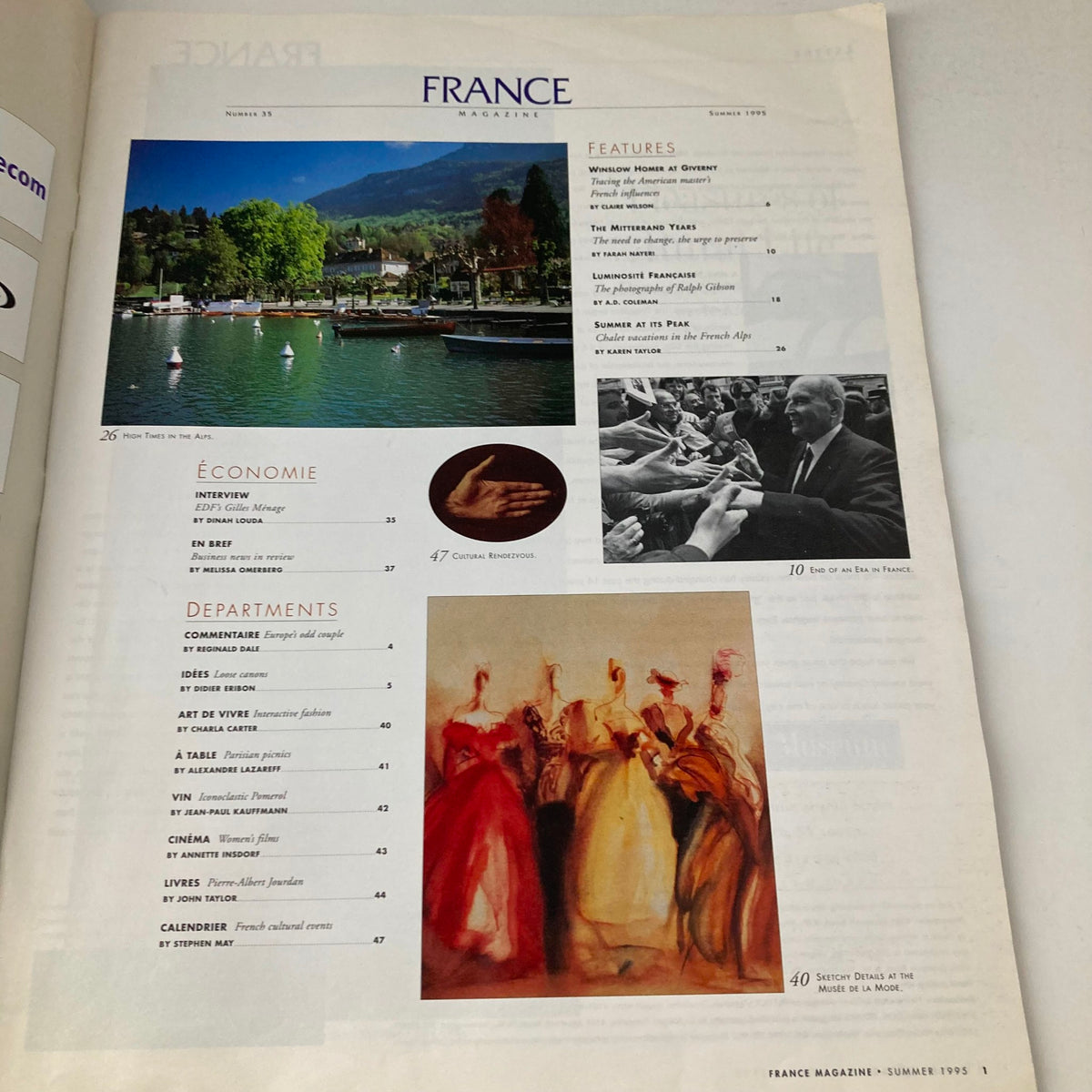Interior page of France Magazine Summer 1995 No. 35 featuring an index with visuals of the Alps and cultural highlights of France.
