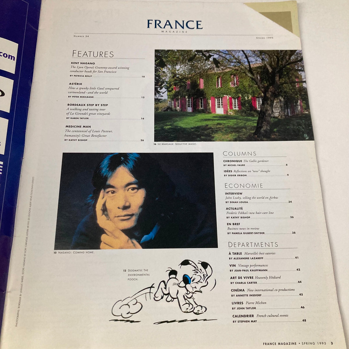Cover page of France Magazine Spring 1995 No. 34 featuring articles on Bordeaux Step by Step, Astérix, and Ken Nagano with evocative imagery highlighting French culture and wine.