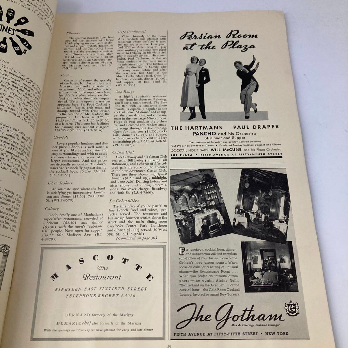 Advertisement page from VTG Stage Magazine March 1937 showcasing dining options in New York City, including the Persian Room at the Plaza, giving a glimpse into the dining and entertainment scene of the era.