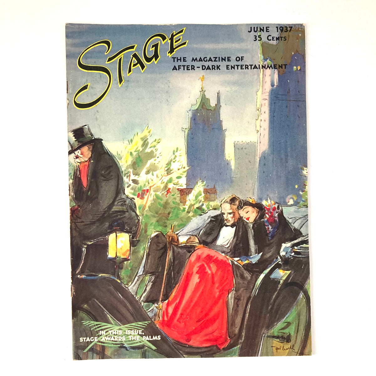 Cover of VTG Stage Magazine June 1937 featuring vibrant artwork, highlighting in this issue: Stage Awards and The Palms. The illustration depicts elegantly dressed figures in a horse-drawn carriage, reflecting the glamour of after-dark entertainment in the 1930s.
