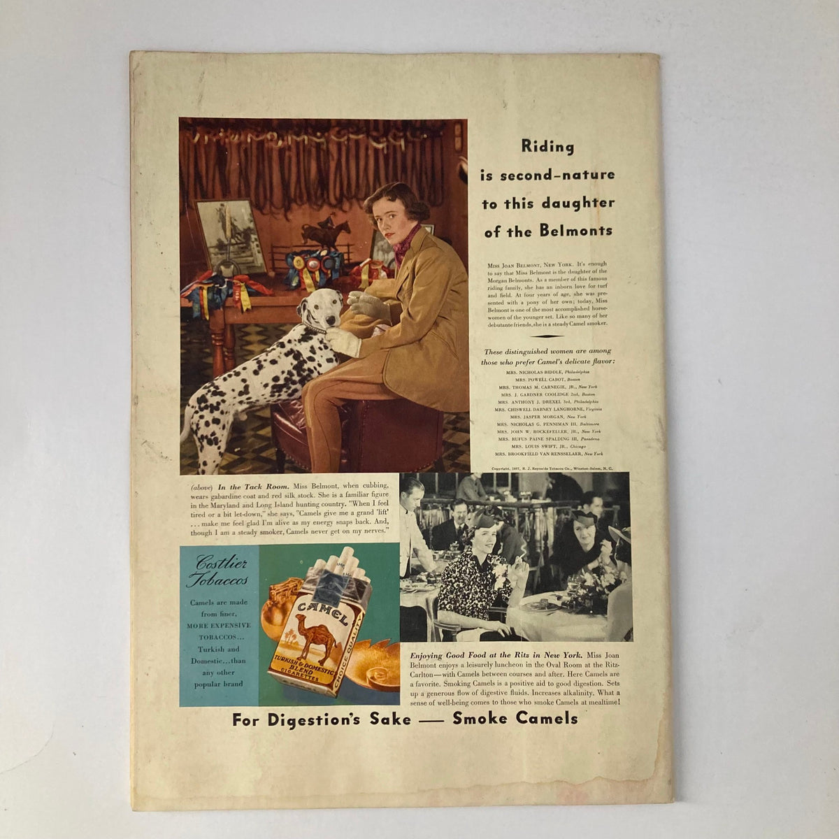Vintage Camel cigarettes advertisement in the June 1937 VTG Stage Magazine, illustrating a well-dressed woman with a dog in a luxurious setting.