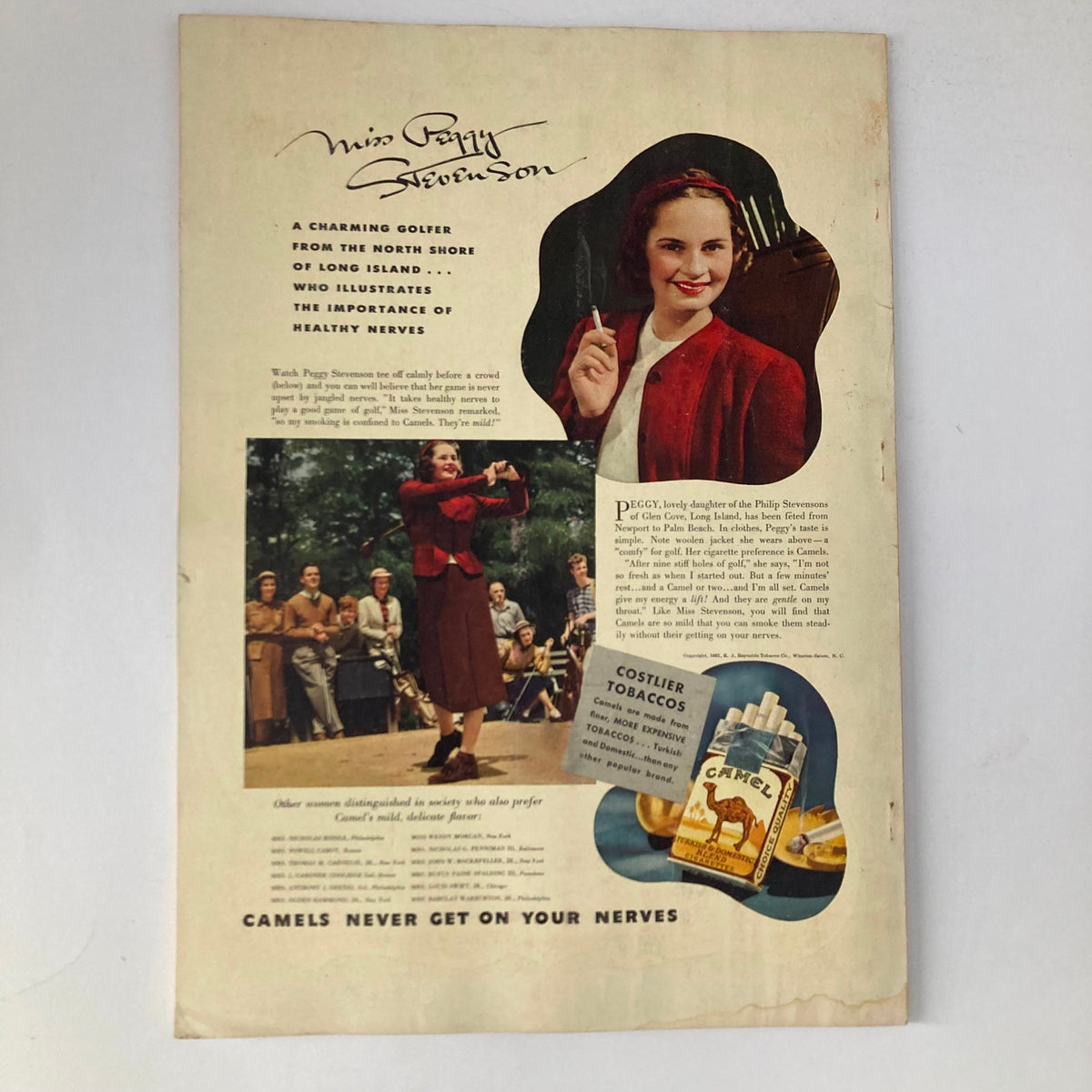 Back cover of the VTG Stage Magazine October 1937 featuring a charming golfer, Peggy Stevenson, illustrating healthy living with a cigarette advertisement.