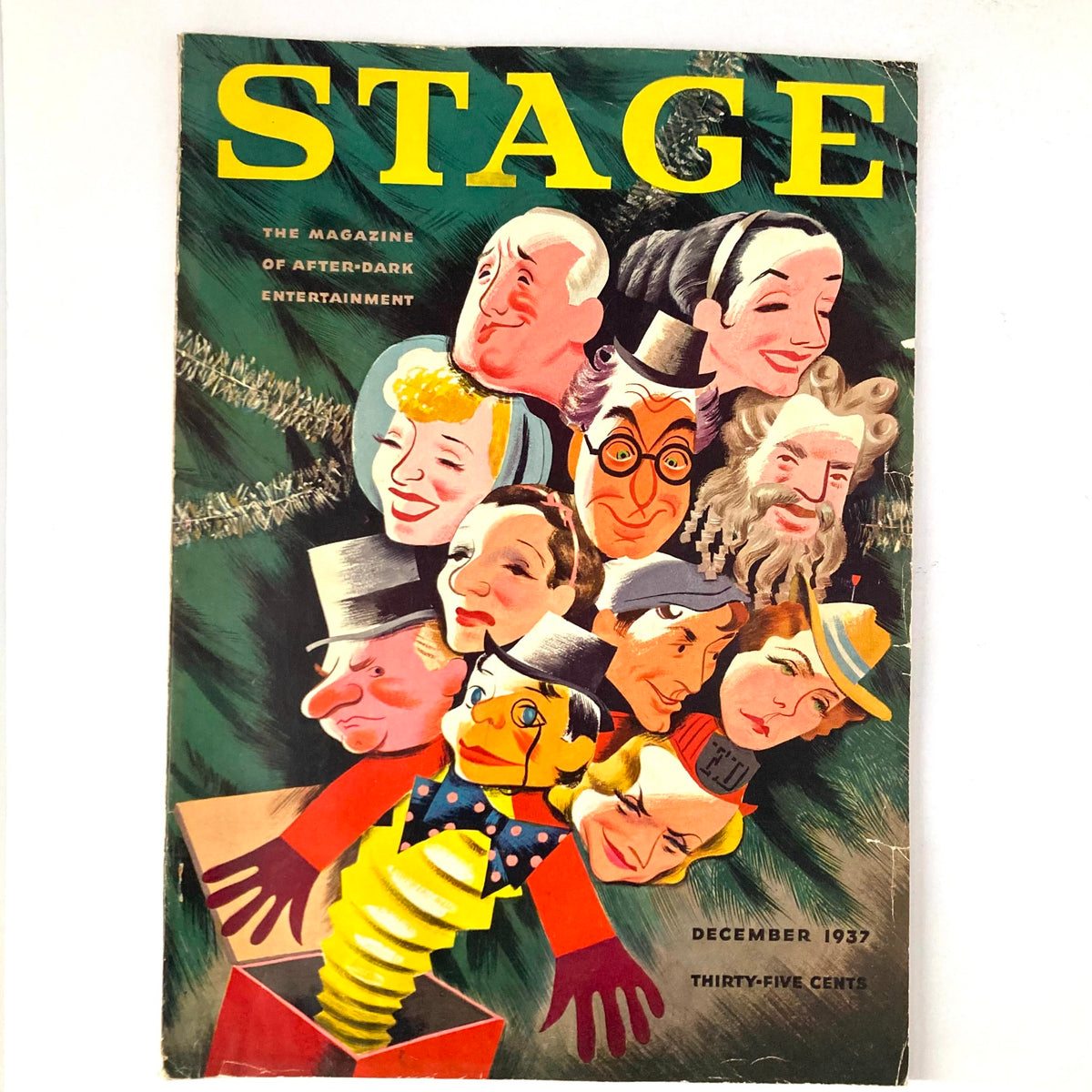 Cover of VTG Stage Magazine December 1937 featuring vibrant illustrations of iconic figures in entertainment, showcasing the rich nostalgia of the era.