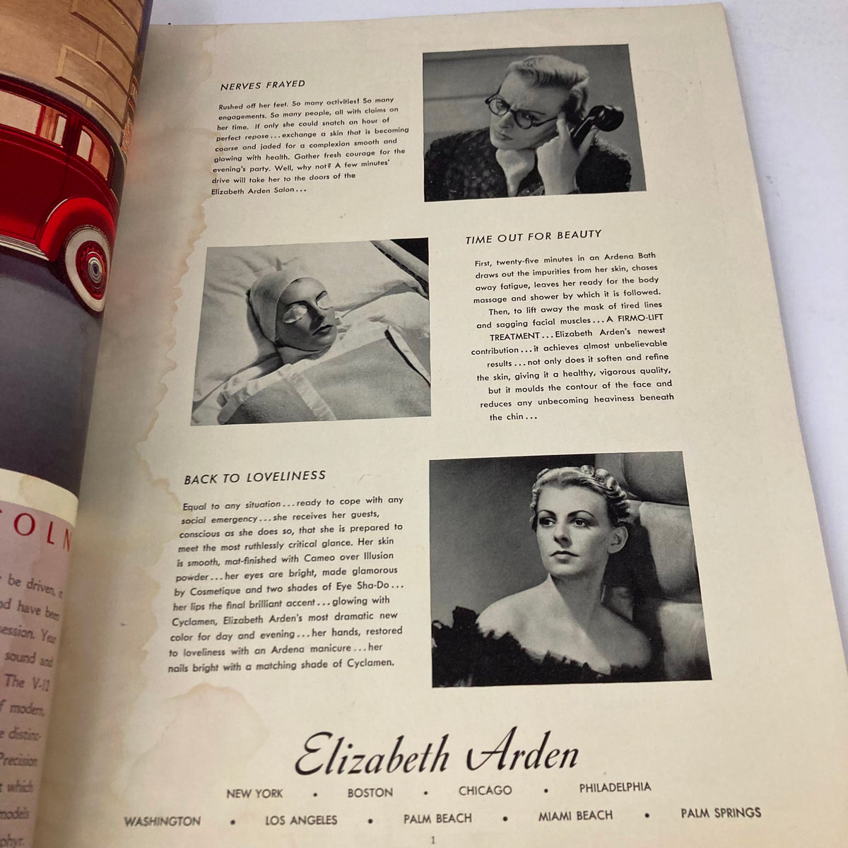 Interior page of VTG Stage Magazine January 1938 showcasing Elizabeth Arden advertisement with beauty treatments and tips from the era.