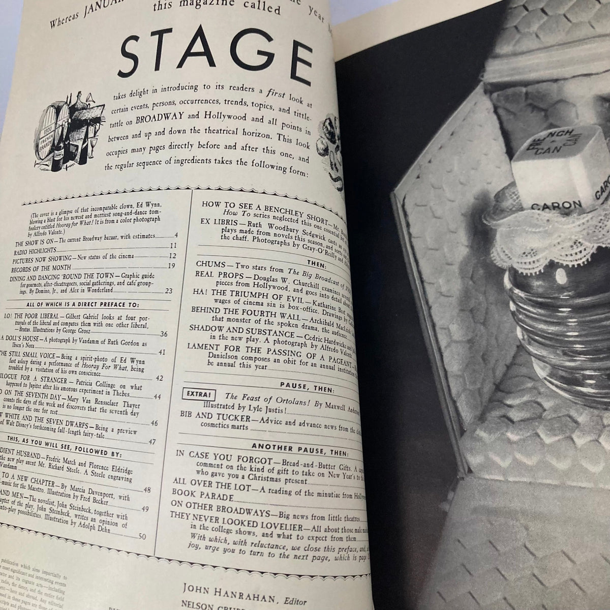 Another interior page from VTG Stage Magazine January 1938 containing editorial content and advertisements related to entertainment and beauty.