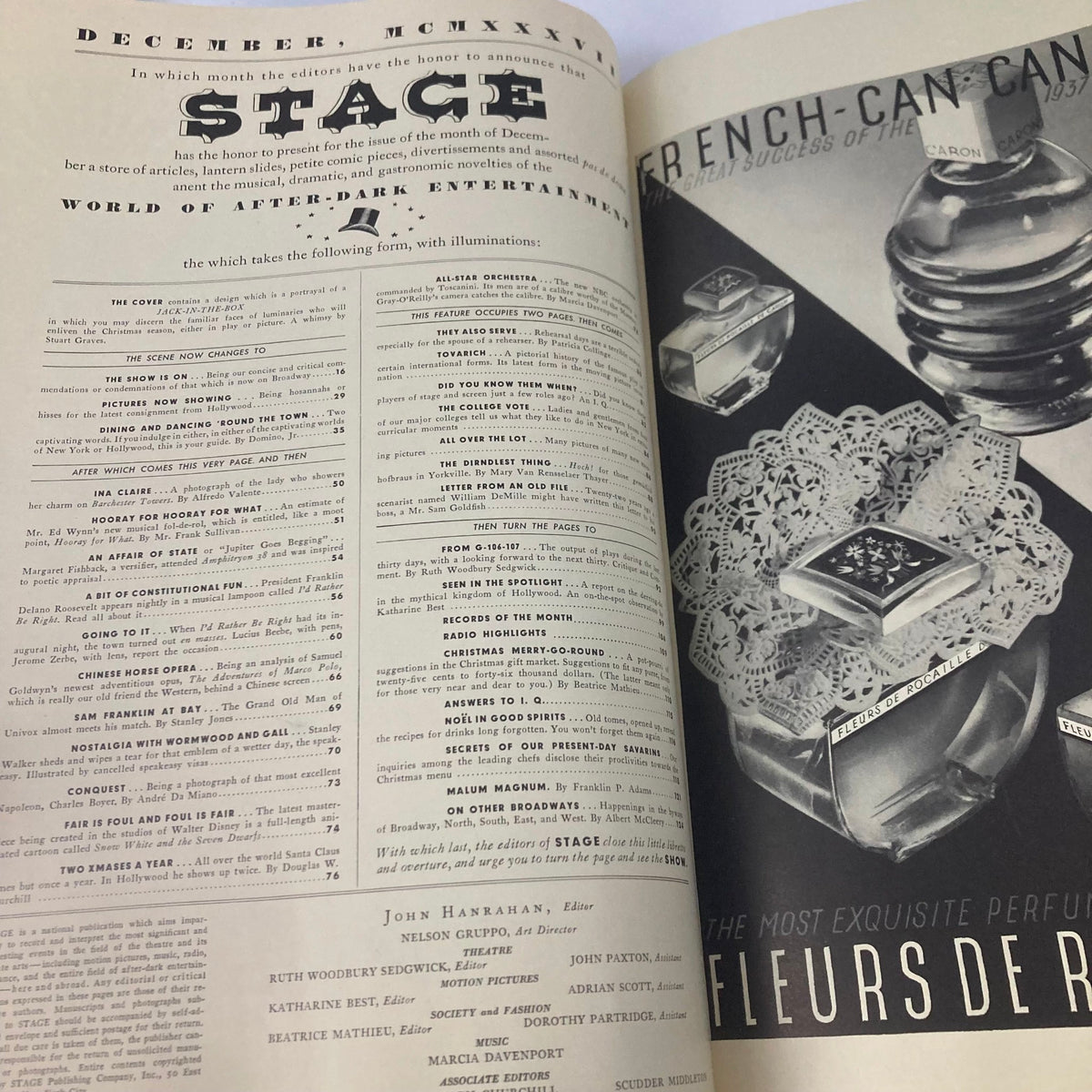 Interior page of VTG Stage Magazine December 1937 displaying magazine content and advertisements, highlighting the theme of after-dark entertainment.