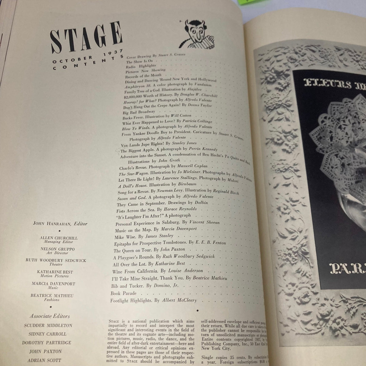 Inside the VTG Stage Magazine October 1937 showing the contents page listing articles and highlights related to theater and entertainment.