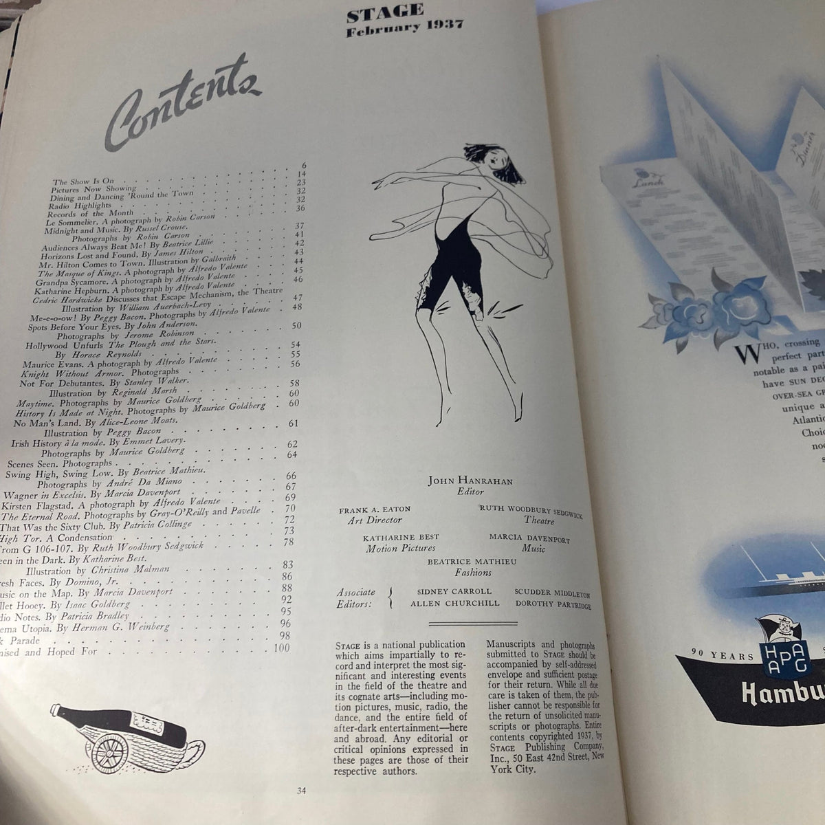 Inside view of the VTG Stage Magazine February 1937 showing the table of contents and illustrations of performers.