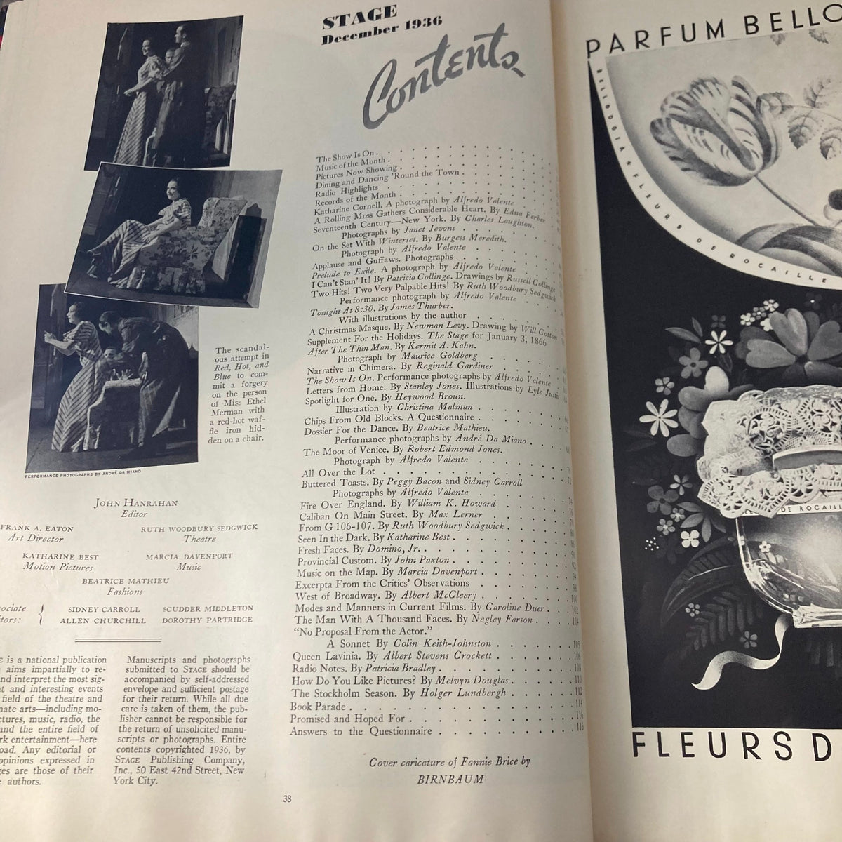 Contents page of VTG Stage Magazine December 1936, showcasing articles and features related to theater, with images and text elements.