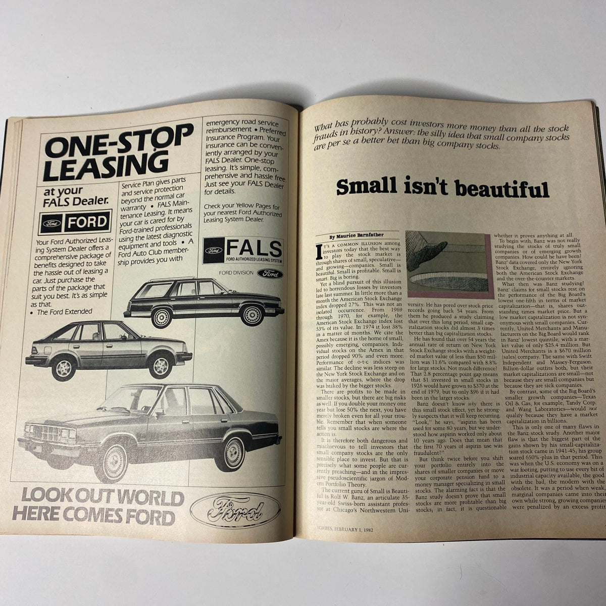 Opened page of Forbes Magazine, February 1, 1982, displaying an advertisement and an article titled 'Small isn't beautiful', discussing investment strategies and market dynamics.