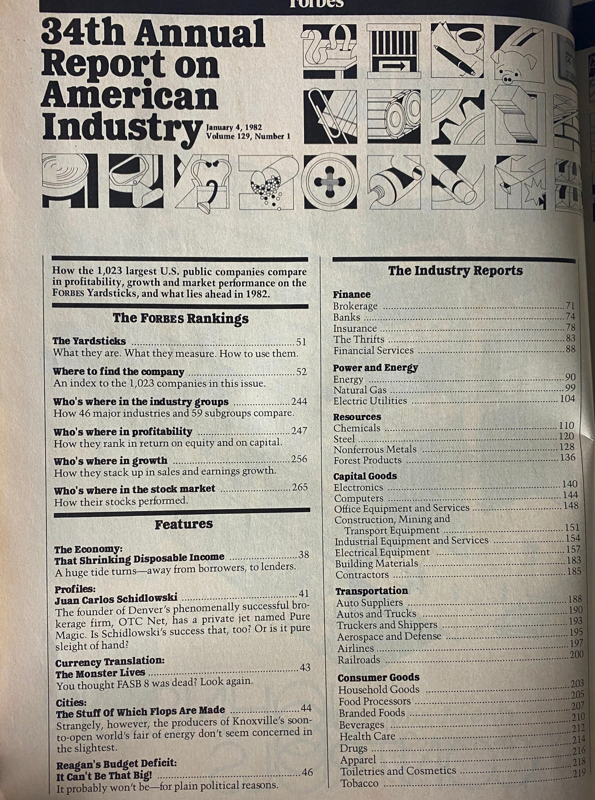 Inside page of Forbes Magazine, January 4, 1982, presenting the table of contents and features of the 34th Annual Report on American Industry.