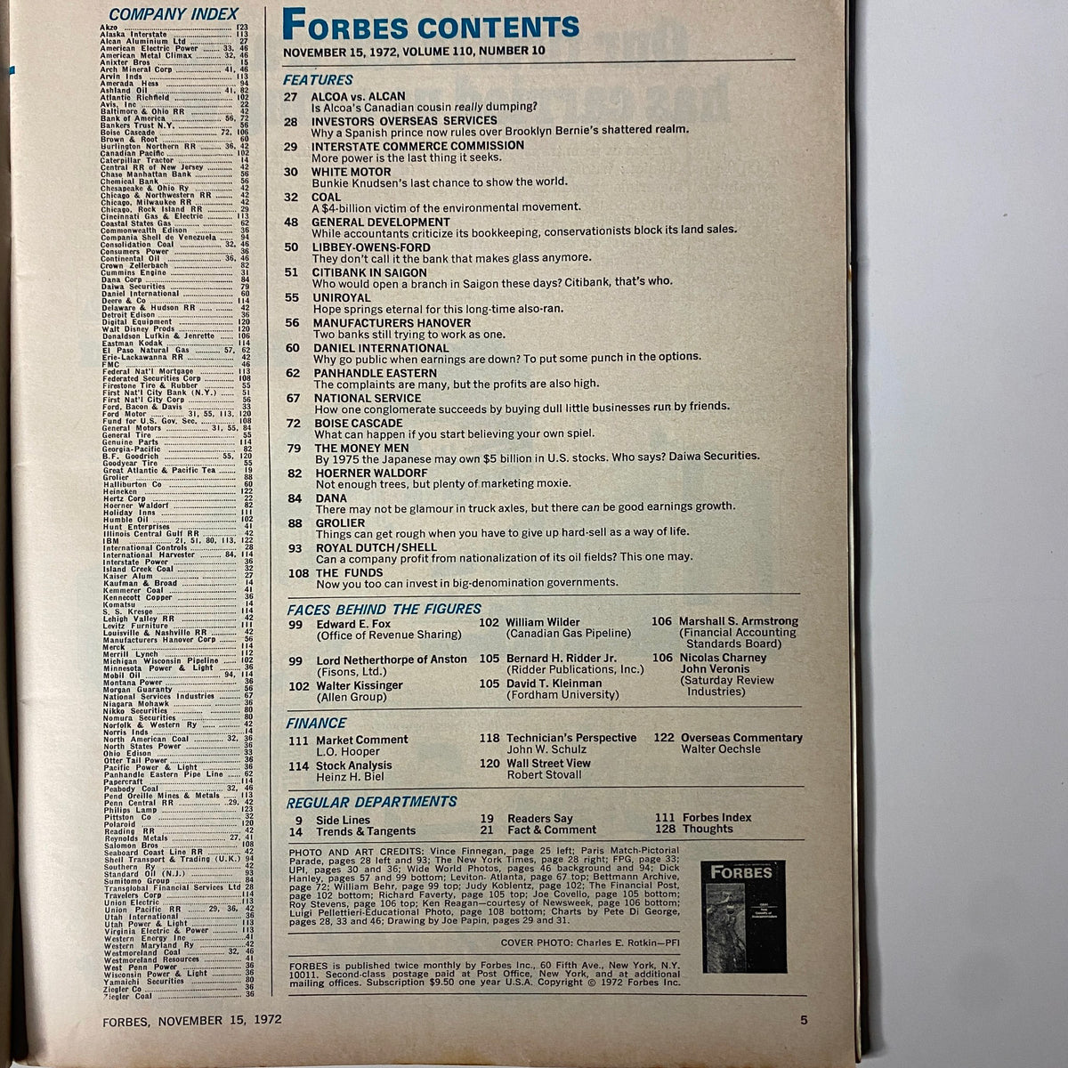Contents page of Forbes Magazine, November 15, 1972, Volume 110, Number 10, listing articles, including 'Coal - First Casualty of Environmentalism'.