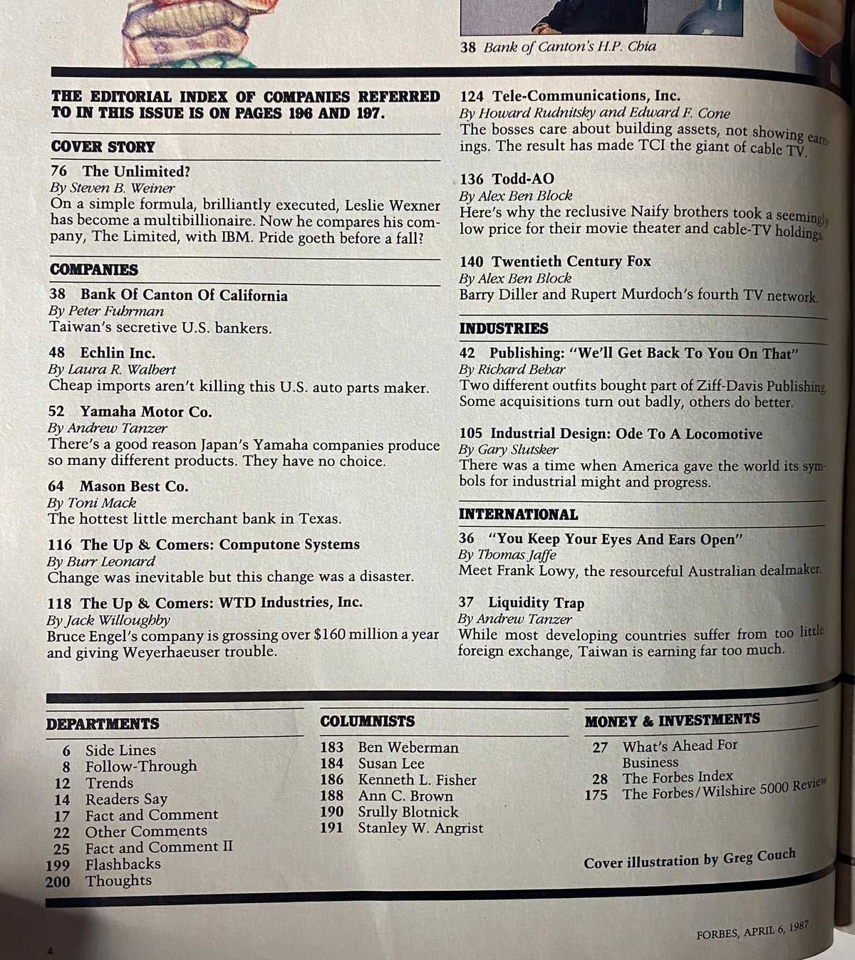Table of contents from Forbes Magazine April 6, 1987, showcasing articles and features including 'Is Leslie Wexner Riding For A Fall?'.