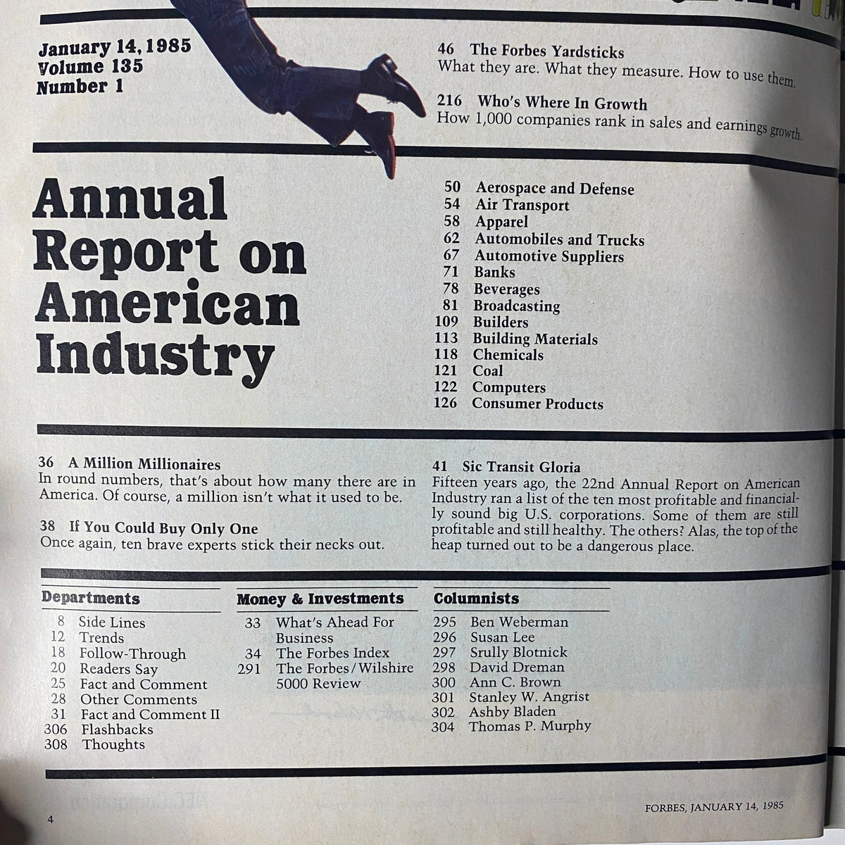 Table of contents page from Forbes Magazine, January 14, 1985, including sections on the Annual Report on American Industry and notable articles like 'A Million Millionaires'.