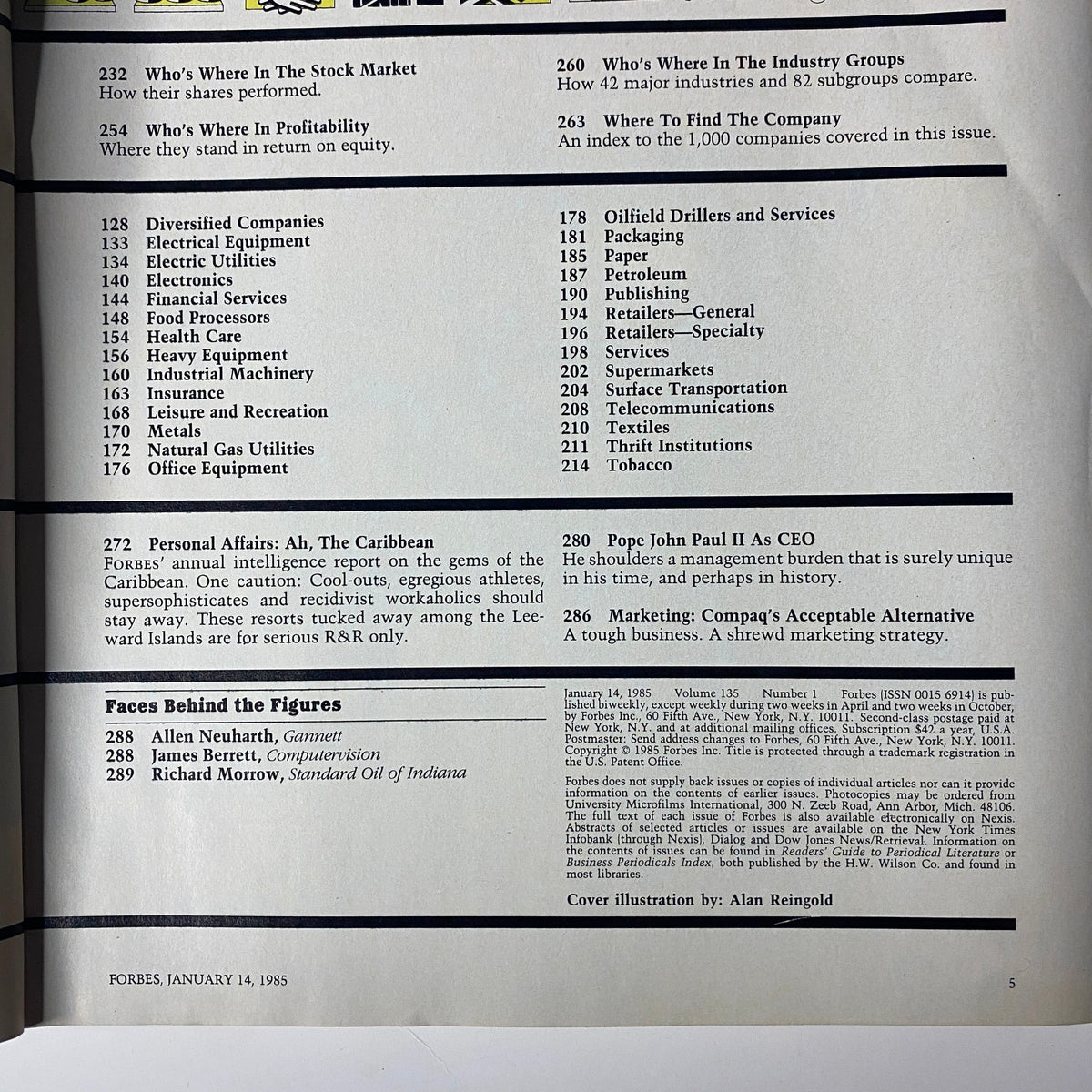 Detailed article contents from Forbes Magazine, January 14, 1985, featuring the topic 'Who’s Where in Profitability' and insights into various industries.